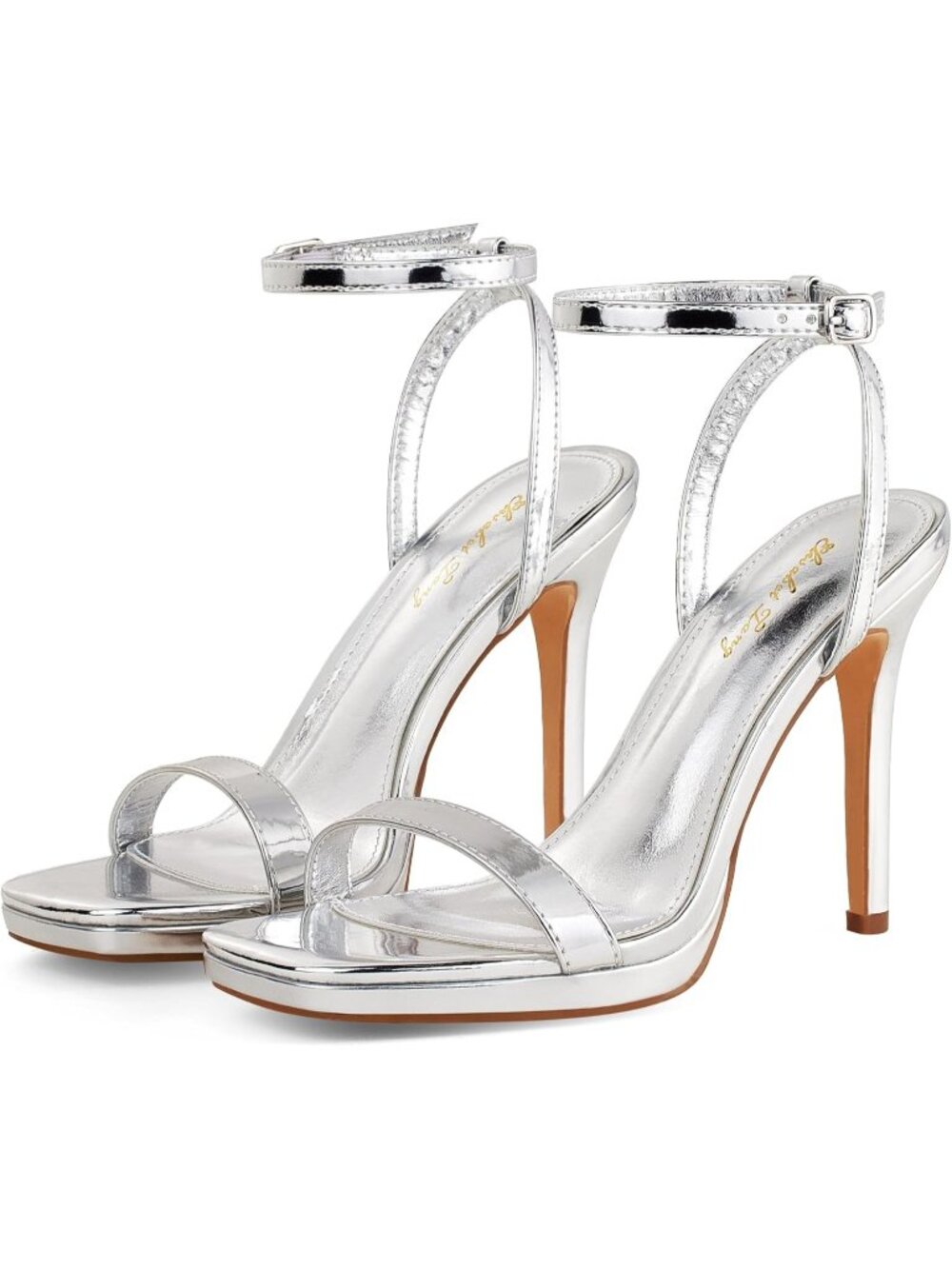 Women’s Silver Stilettos Heeled Sandals Open Square Toe Heels 4.3 Inch Open Toe